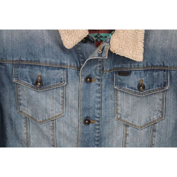 Dravus Denim Jeans Jacket Sherpa Collar Native Pattern Lining Size Large - Picture 5 of 10